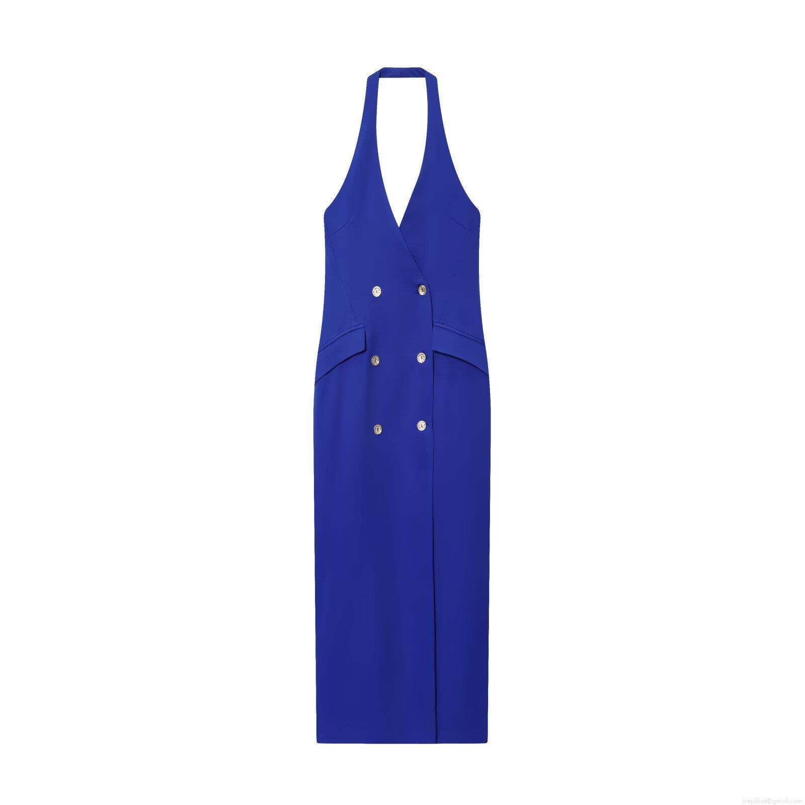 Maxi Suit Dress Halter Neck Backless Double Breasted Gold Buttons Polyester Solid Royal Blue Elegant Party Evening Dress For Women Sexy Slim Fit Vest Dress