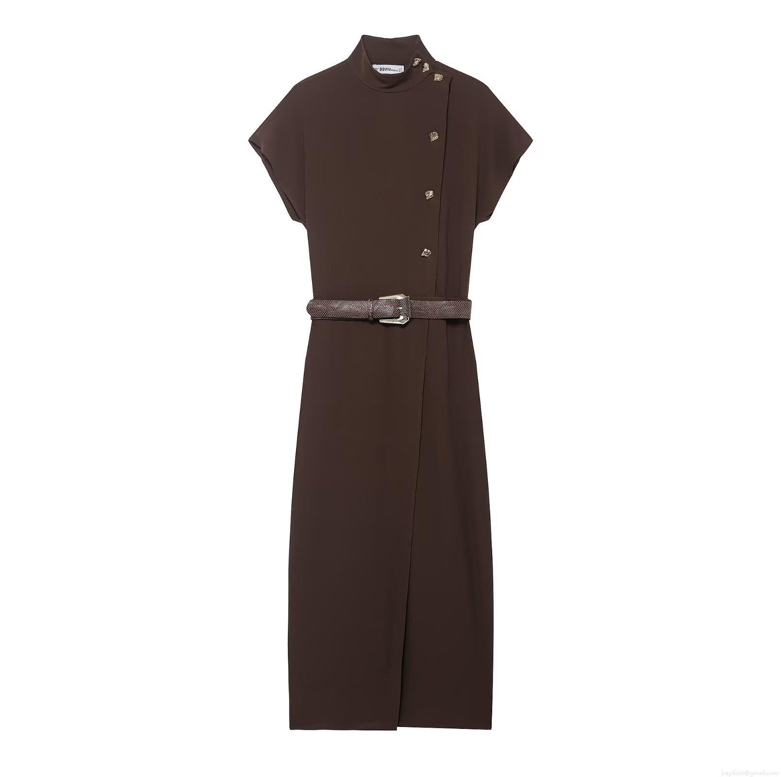 Women's Elegant Solid Color Mock Neck Short Sleeve Maxi Dress With Snake Print Belt Asymmetrical Gold Buttons Polyester Commuter Straight Long Dress