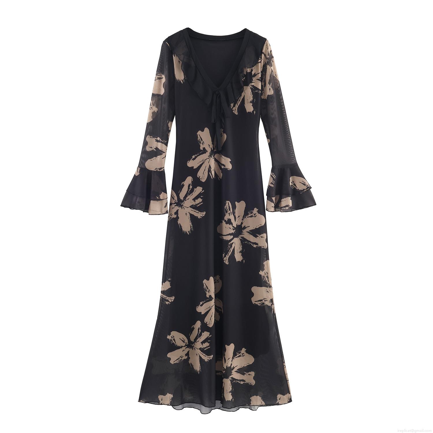Women's Elegant Floral Print Bodycon Maxi Dress V-Neck Long Sleeve Mesh Splicing Ruffles Bow Tie Sexy Slim Fit Party Dress