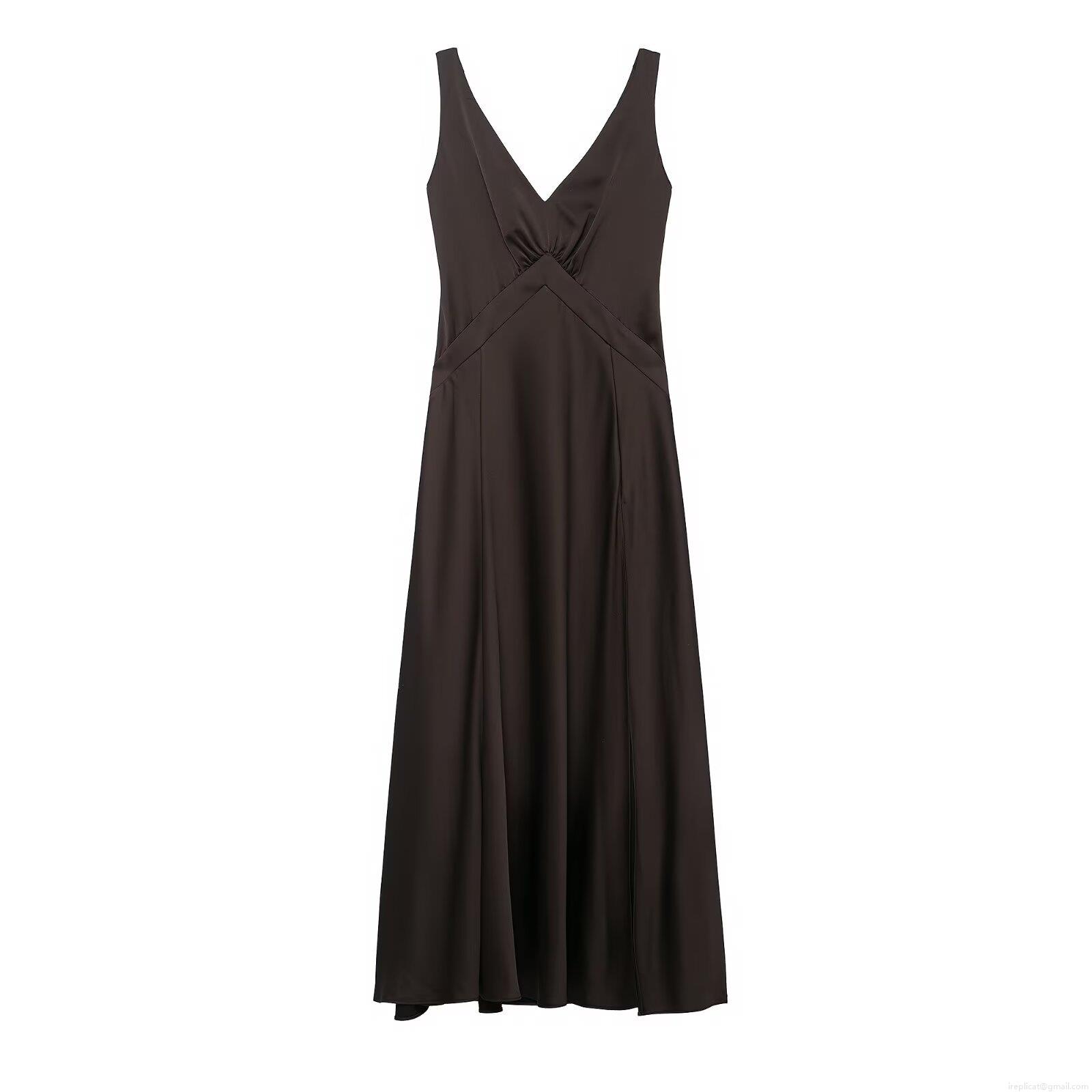 Women's Elegant 100% Polyester Acetate Satin V Neck Sleeveless Maxi Dress Sexy Hollow Out Back Ruching Slim Fit Evening Party Cocktail Dress