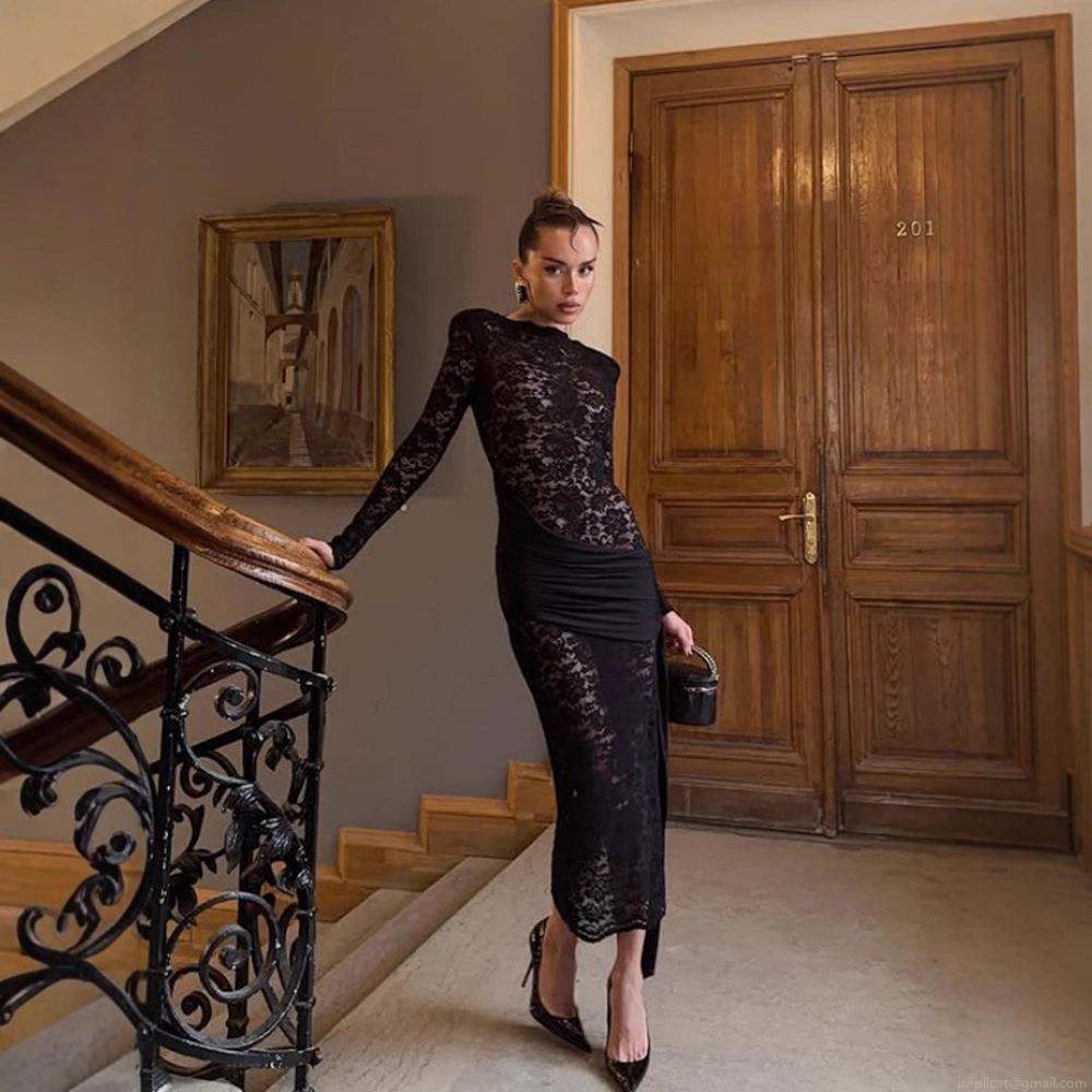 Sexy Black Lace Long Sleeve Maxi Dress Transparent Floral Patchwork Slim Fit Bodycon Evening Party Midi Dress For Women Clubwear