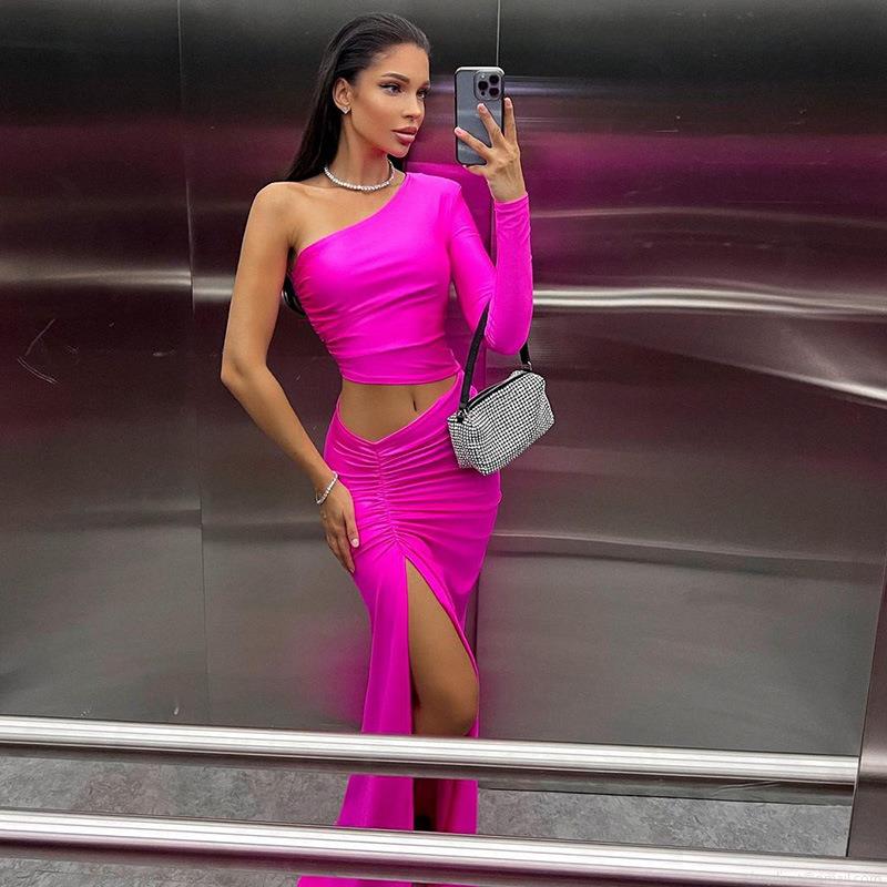 Women's Sexy One Shoulder Long Sleeve Maxi Dress Hollow Out Cutout High Slit Ruched Bodycon Party Evening Gown Elegant Solid Color Slim Fit Nightclub Dress
