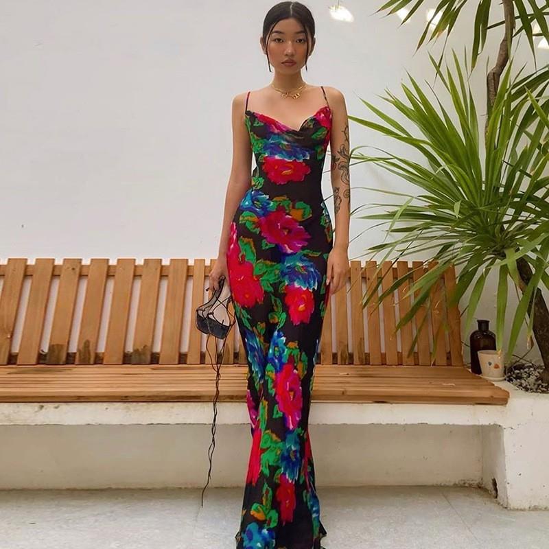 Women Sexy Backless Cowl Neck Maxi Dress Vintage Floral Print Spaghetti Strap Split Hem Polyester Spandex Summer Beach Vacation Party Long Dress