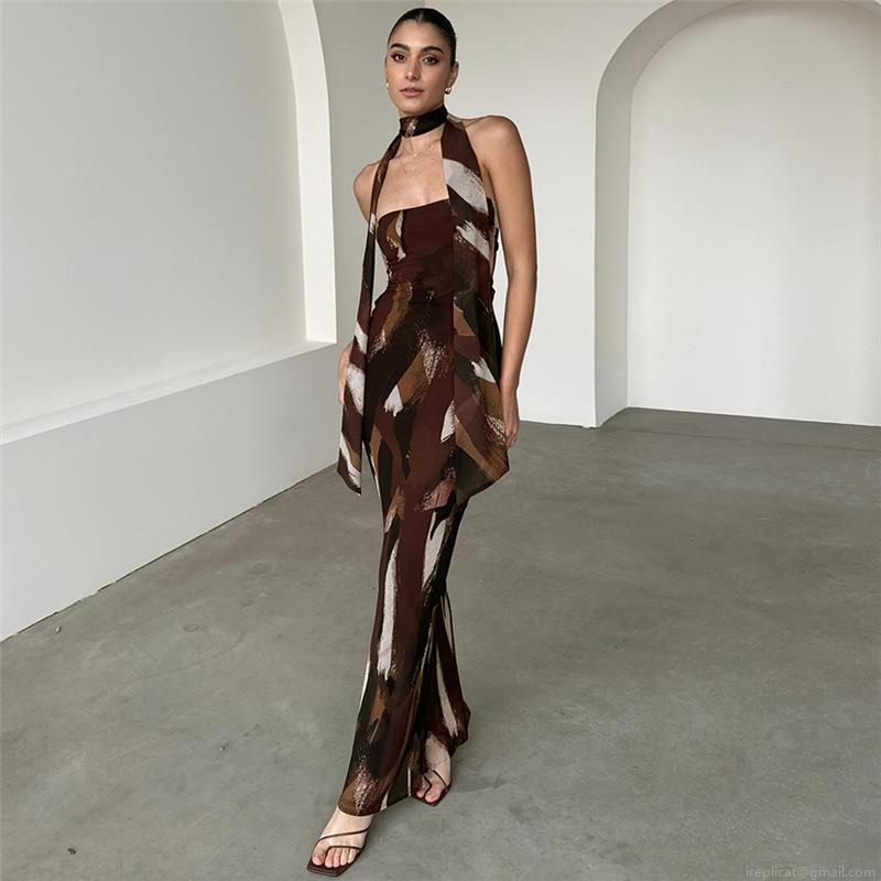Sexy Women's Abstract Print Halter Neck Maxi Dress Backless Slim Fit Ruched Bodycon Long Dress For Party Vacation Summer Polyester Spandex