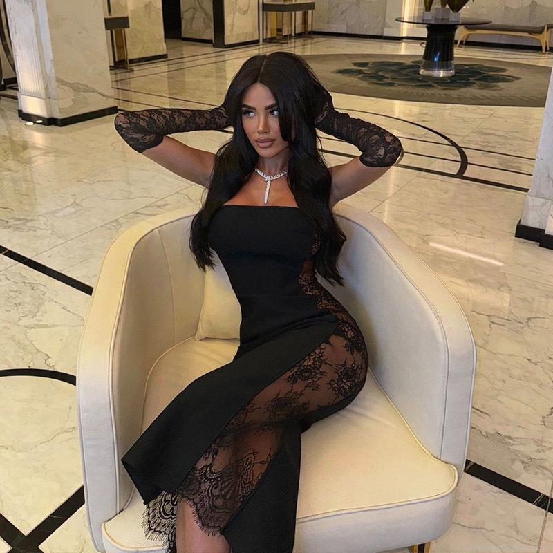 Women's Sexy Off-the-Shoulder Maxi Dress Lace Patchwork Spandex Mesh See-Through Bodycon Party Evening Dress With Matching Gloves Elegant Socialite Long Dress