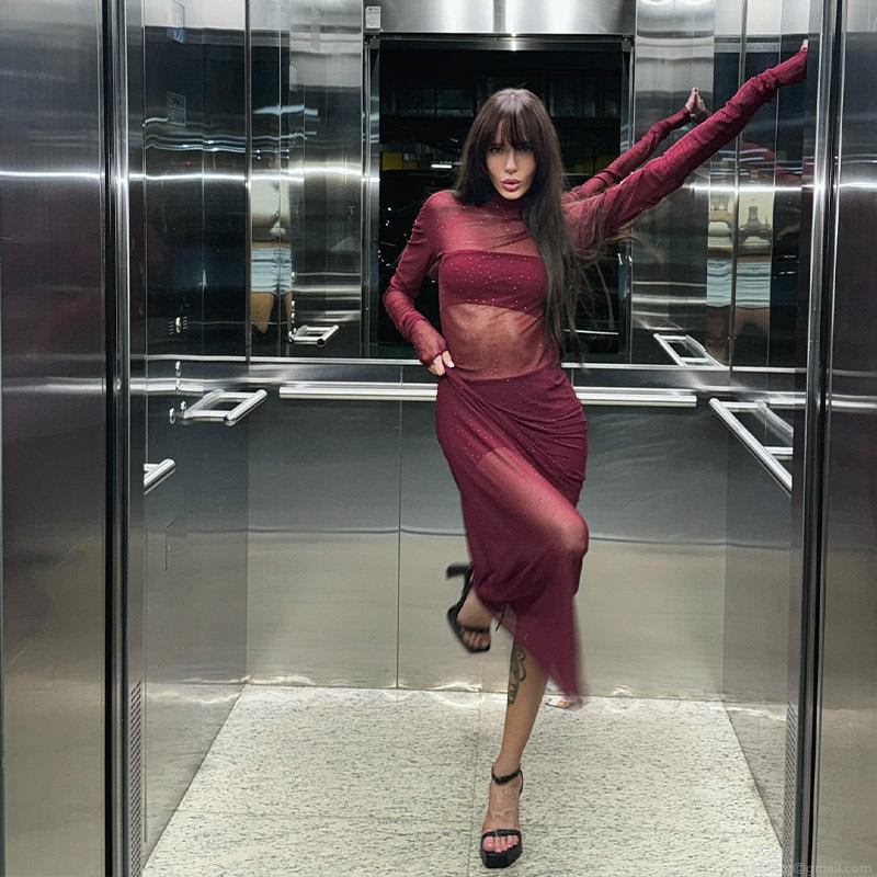 Sexy Mesh See-Through Rhinestone Maxi Dress Women Elegant Mock Neck Long Sleeve Bodycon Clubwear Party Evening Long Cover-Up Dress