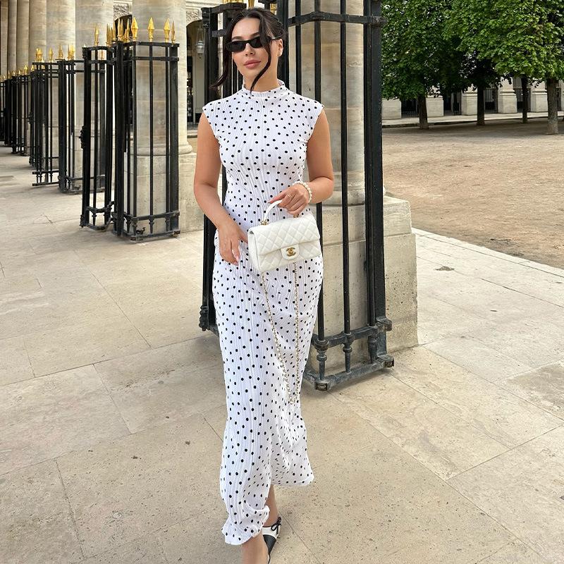 French Classical Polka Dot Print Slim Fit Sleeveless Maxi Dress Elegant Mock Neck Bodycon Long Pencil Dress For Women Summer Fashion