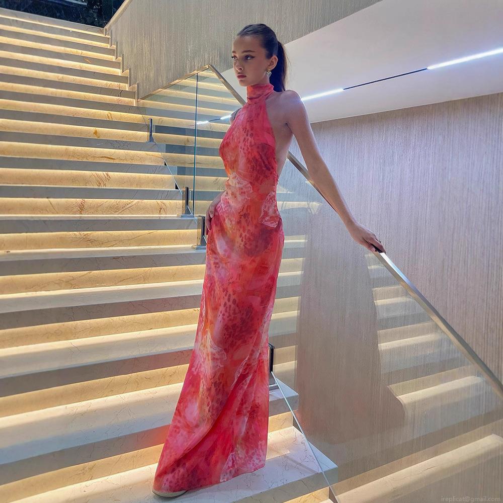 Women's Sexy Halter Backless Maxi Dress Polyester Spandex Pink Abstract Print Bodycon Long Dress For Summer Beach Vacation Party