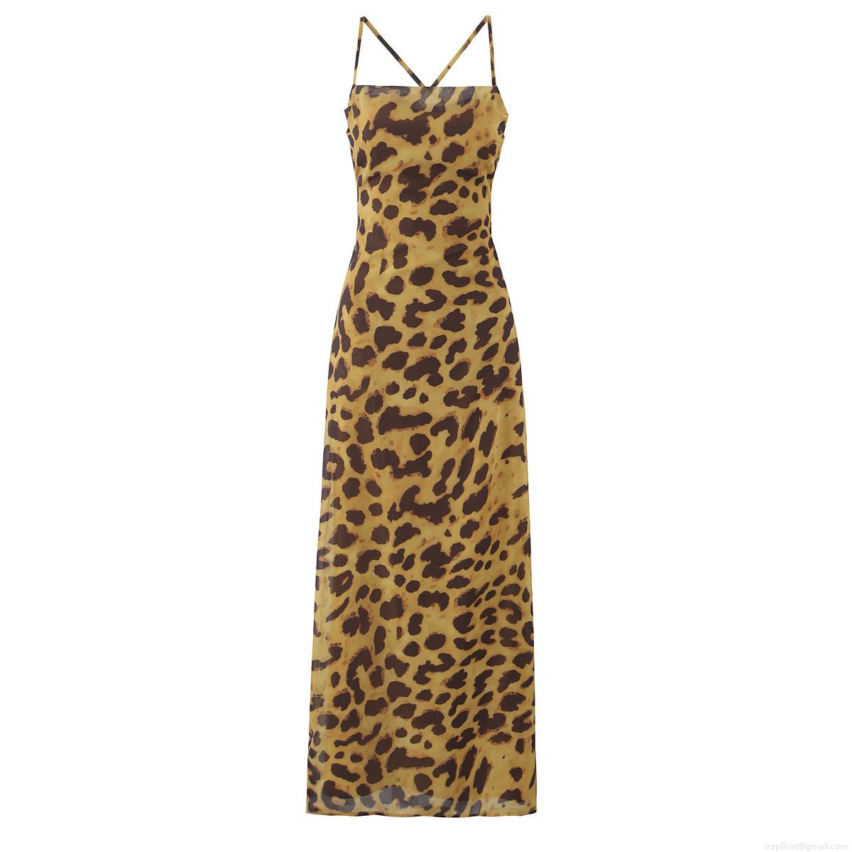 Women's Sexy Leopard Print Halter Maxi Dress Backless Cross Straps Slim Fit Sleeveless Polyester Long Dresses For Summer Beach Party Streetwear