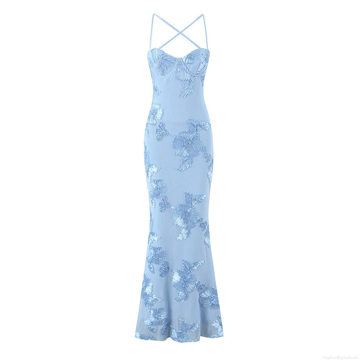 Light Blue 3D Floral Embroidery Mesh Maxi Dress Elegant Cross Back Spaghetti Strap Fishtail Evening Party Gown Women Luxury Cocktail Dress