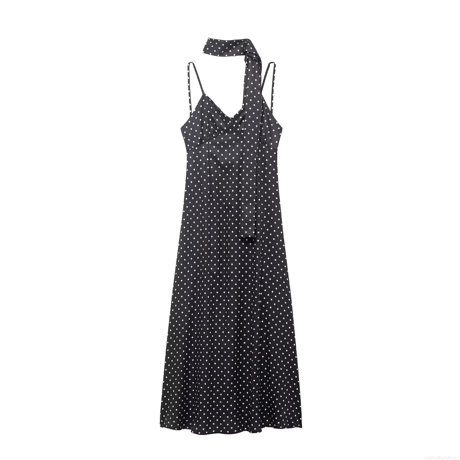 Women's Sexy Polka Dot Maxi Dress V-Neck Backless Camisole Dress With Matching Scarf Sleeveless Polyester Long Dress For Summer Party Vacation Streetwear