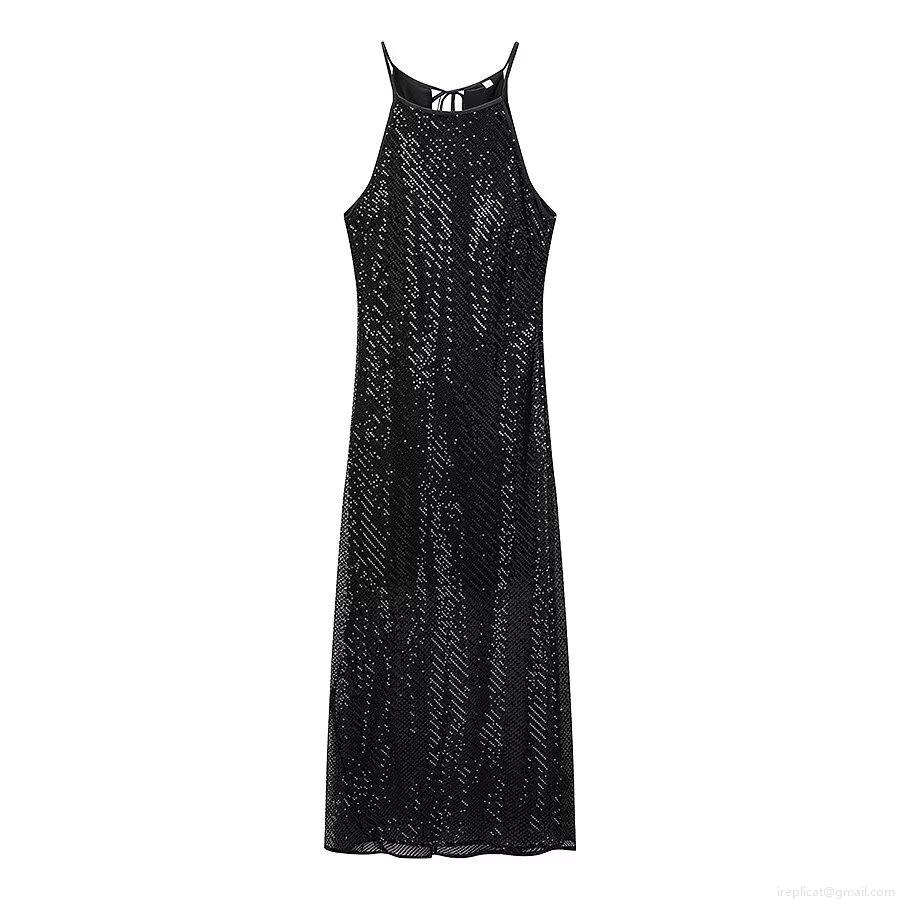 Sexy Black Sequin Halter Maxi Dress For Women Sleeveless Backless Slit Evening Party Long Dress Glamorous Club Prom Wedding Guest Summer Dress