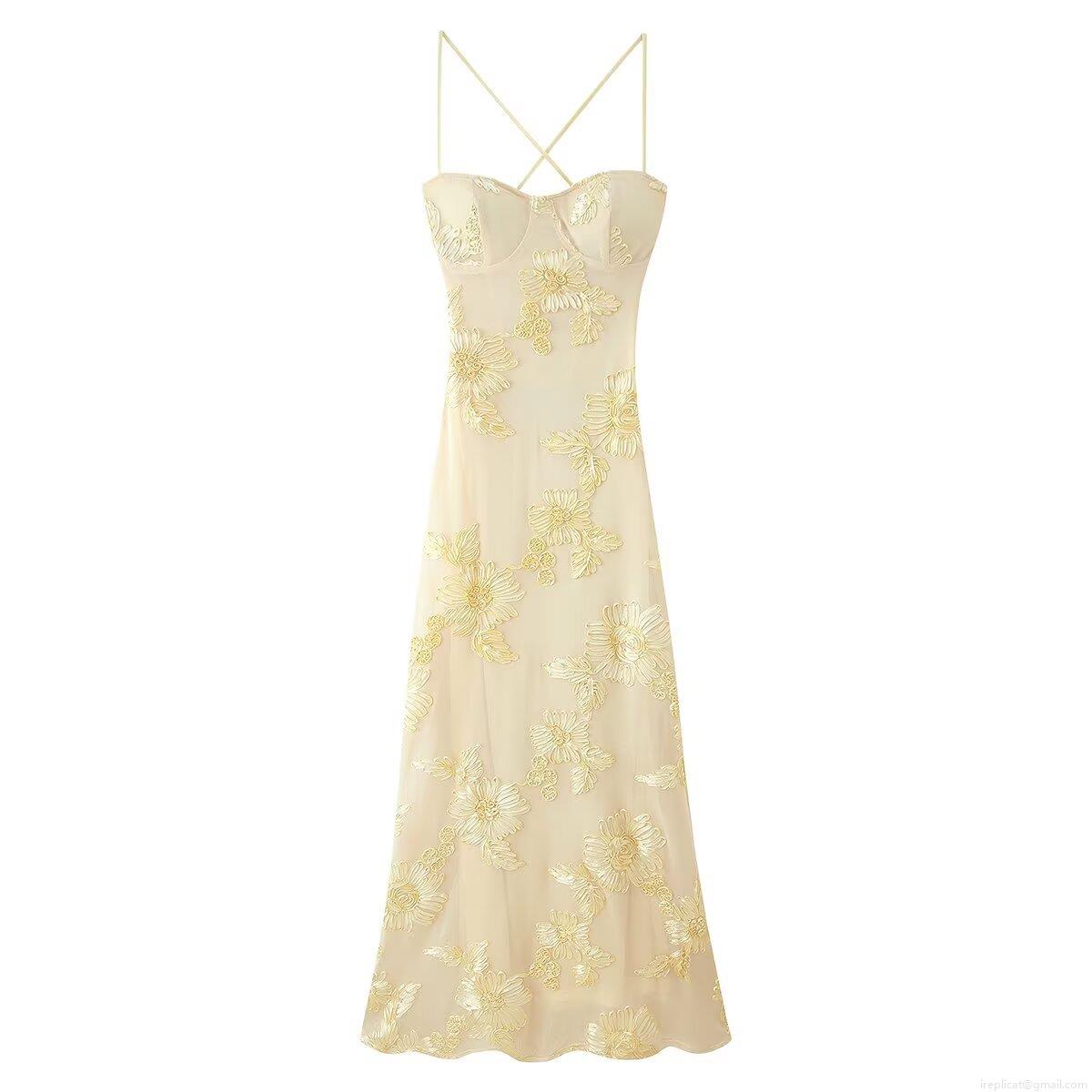 Women Elegant 3D Flower Embroidery Maxi Dress Backless Cross Straps Mesh Ribbon Stitching Sleeveless Heart Neck Cami Long Dress For Wedding Party Evening
