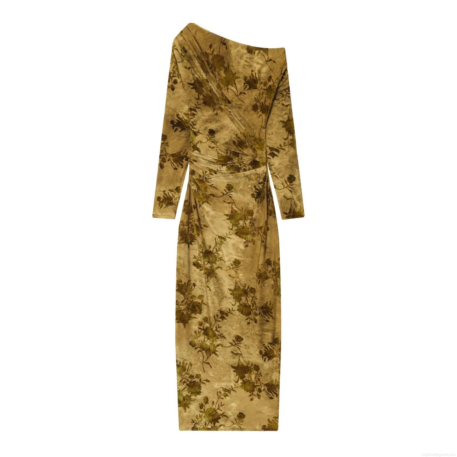 Women's Sexy One Shoulder Long Sleeve Floral Print Maxi Dress Vintage Velvet Flocked Ruched Tight Party Bodycon Long Dress