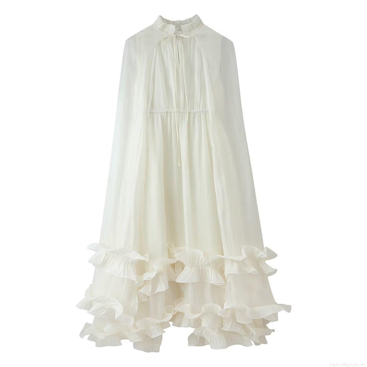 Women's Elegant Chiffon Ruffle Maxi Dress Western Style Stand Collar Drawstring Tie Split Hem Long White Pleated Dress for Party Vacation