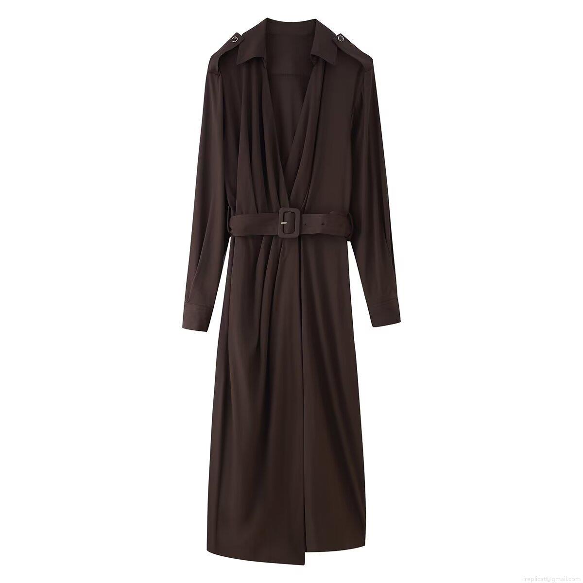 Women's Autumn Solid Color Long Sleeve Shirt Dress Elegant Polyester Maxi Dress With Belt Lapel V-Neck Single-Breasted Streetwear Gown For Women
