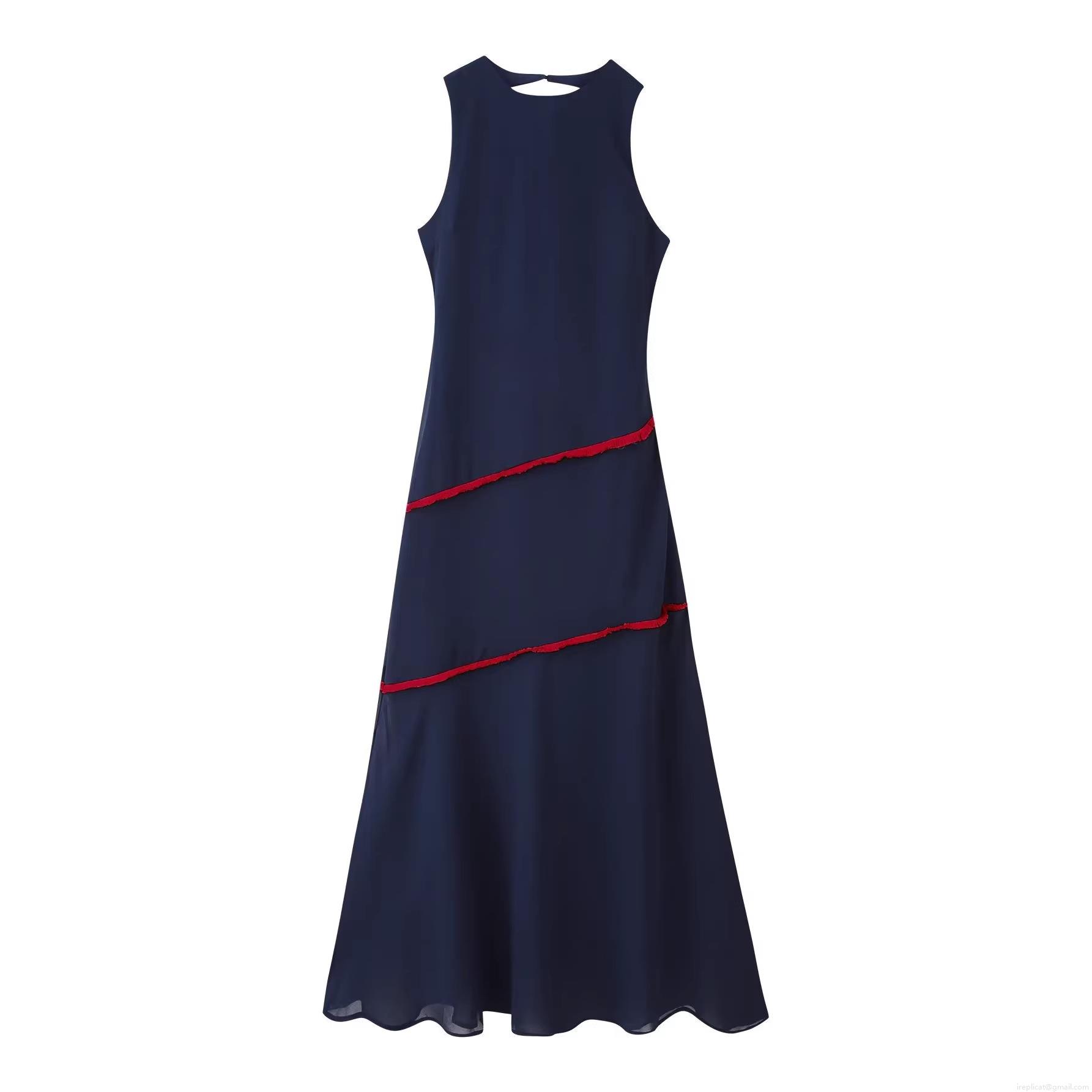Women's Sexy Backless Sleeveless Maxi Dress Patchwork Color Block Tassel Decoration Round Neck Long Dress For Street Party Summer
