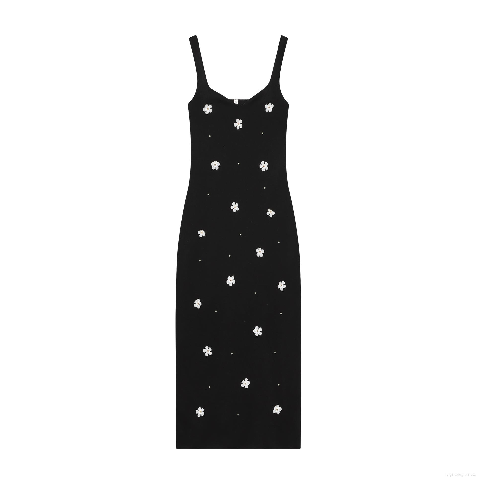 Summer Women Black Knitted Cami Maxi Dress Polyester Slim Fit Daisy Floral Printed Sleeveless Long Dress With Pearl Decorations For Casual Party