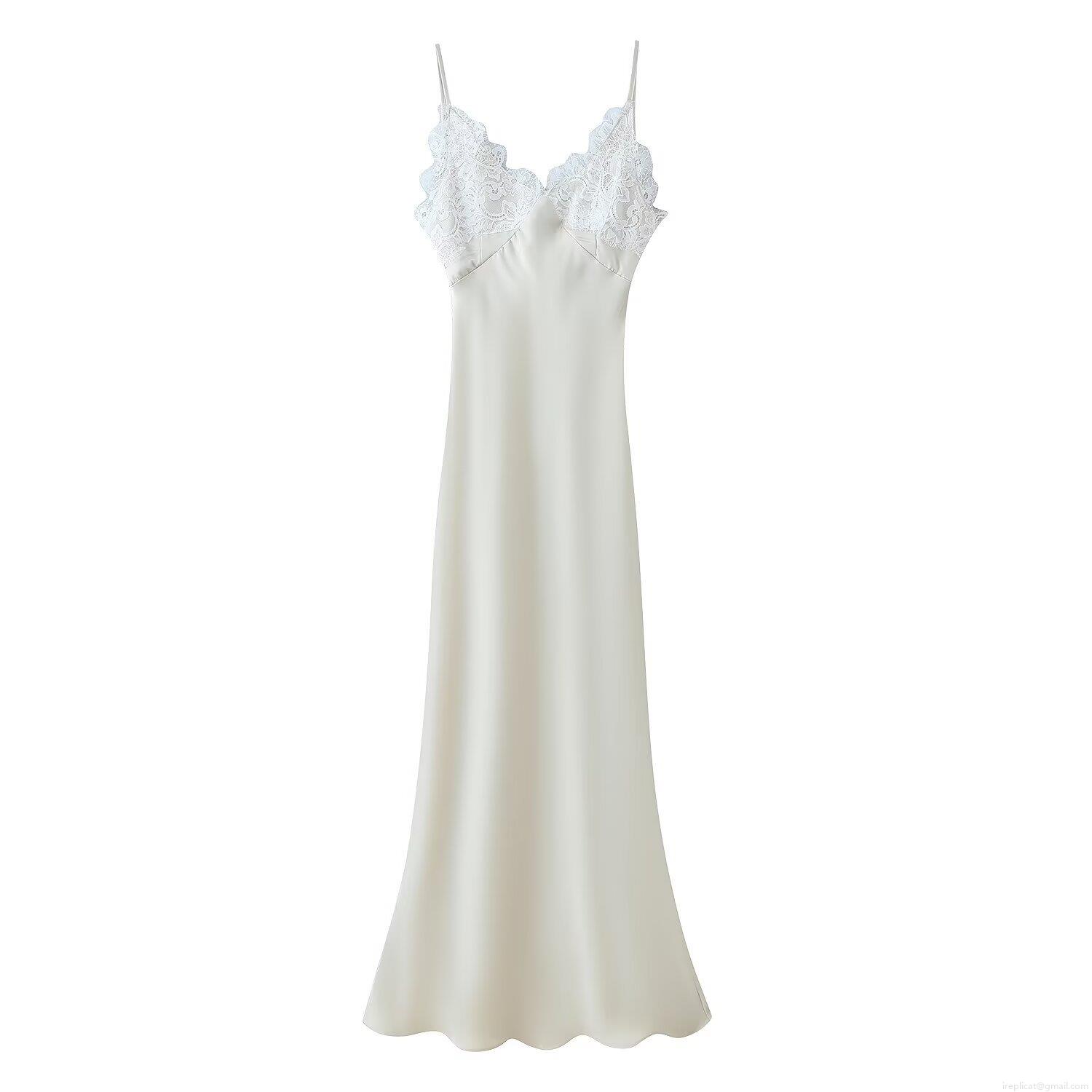 Women's Elegant Lace Patchwork Satin Slip Maxi Dress Sexy Backless V-Neck Spaghetti Strap Fishtail Long Dress for Summer Party Vacation Wedding Guest