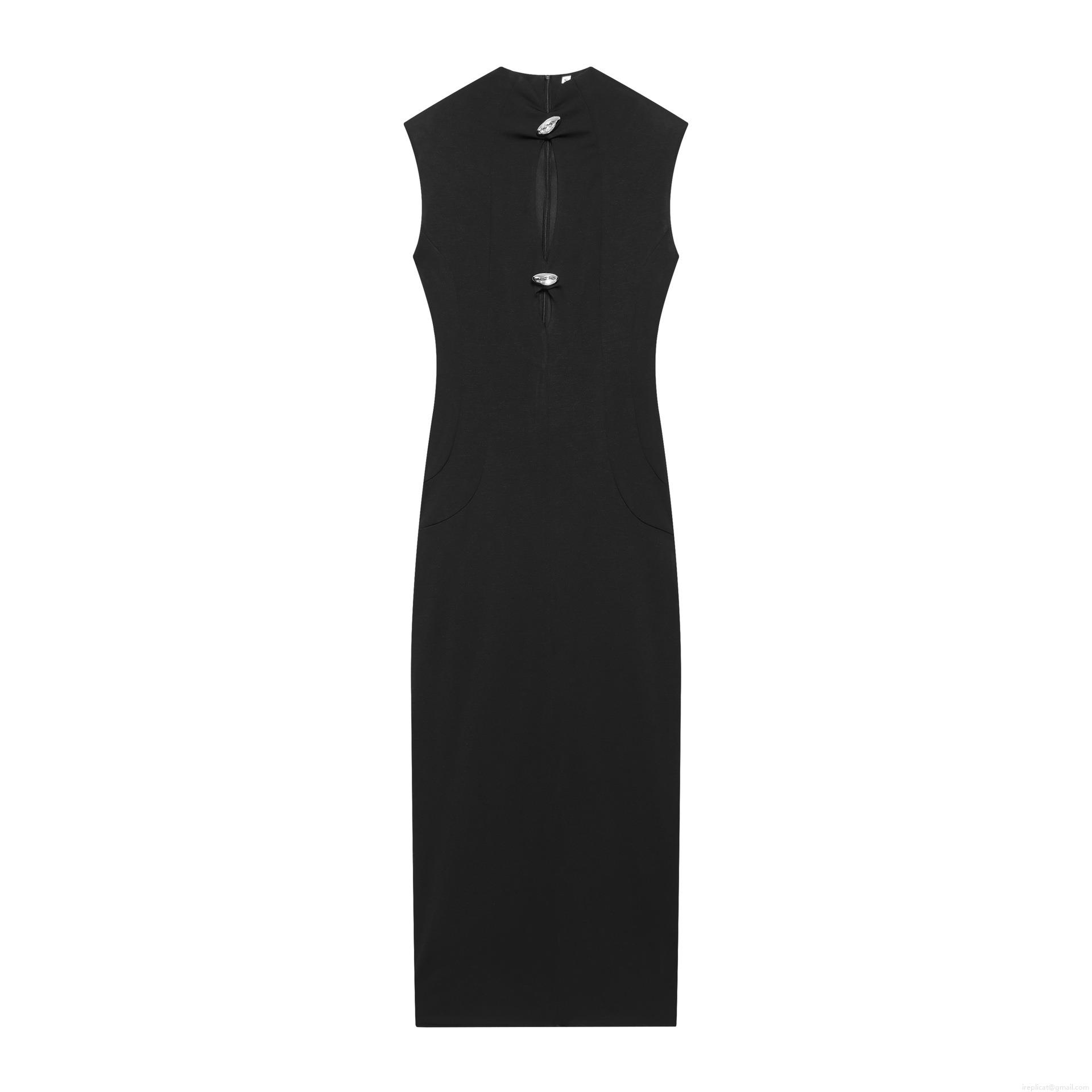 Summer Sleeveless Maxi Dress Polyester Solid Color Cut-out Stand Collar Slim Fit Daily Casual Street Style With Silver Buttons Women Fashion