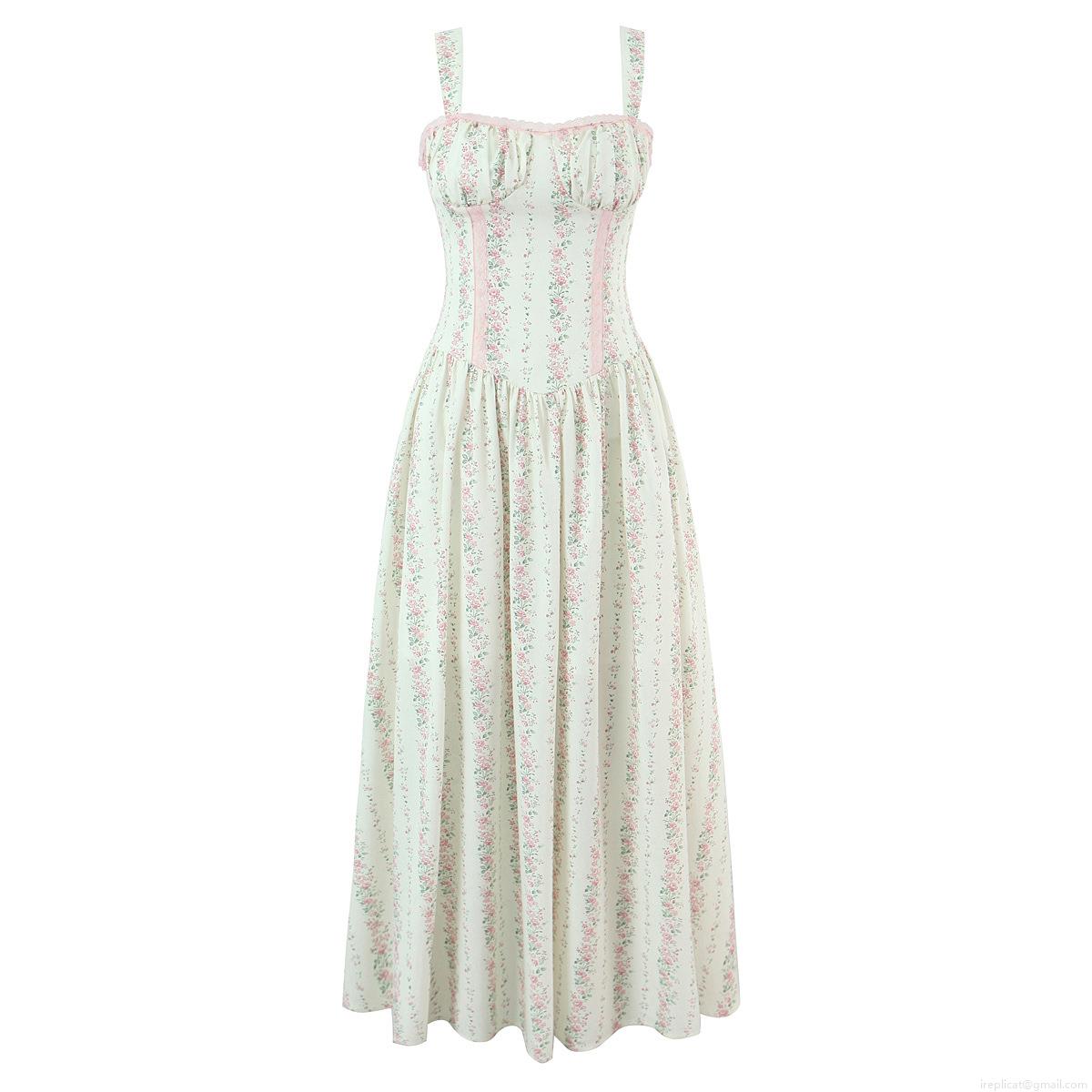 Women French Retro Floral Spaghetti Strap Maxi Dress Summer Casual Cotton Lace Trim High Waist Slim Fit Sweet Vacation Long Dresses