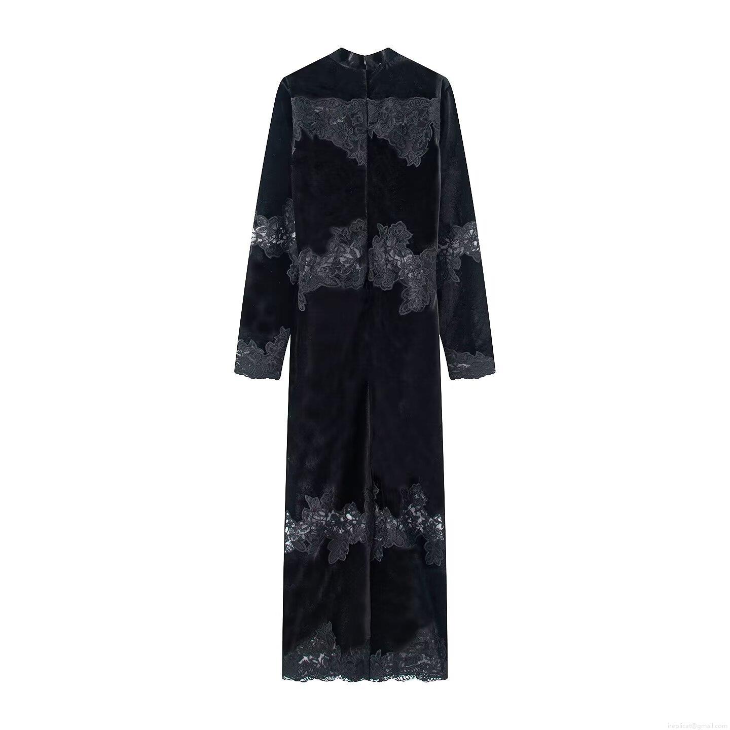 Women Velvet Lace Patchwork Maxi Dress Elegant Long Sleeve Mock Neck Slim Fit Black Streetwear Fashion Party Long Dress For Women