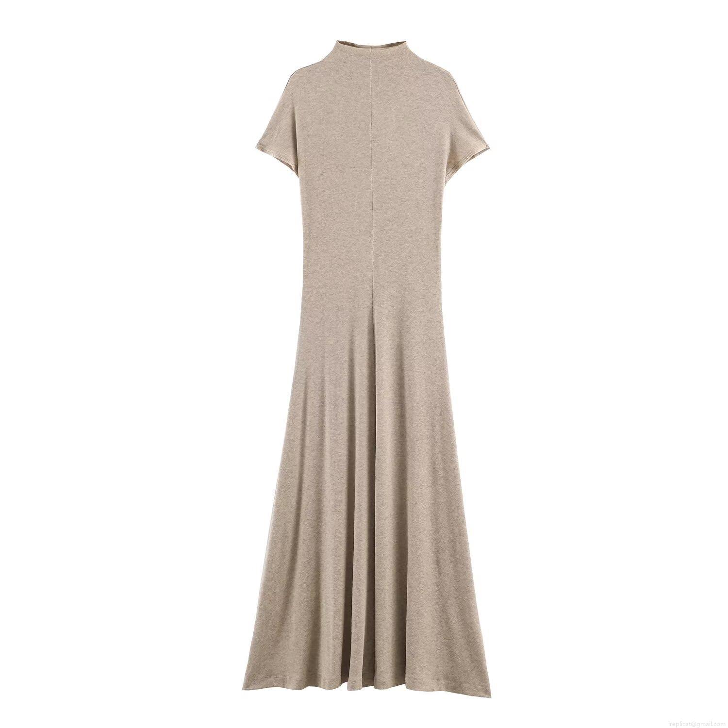 Summer Women Knitted Maxi Dress Mock Neck Short Sleeve Slim Fit Cotton Blend A-Line Long Dress Casual European Fashion Streetwear Solid Color Outfit