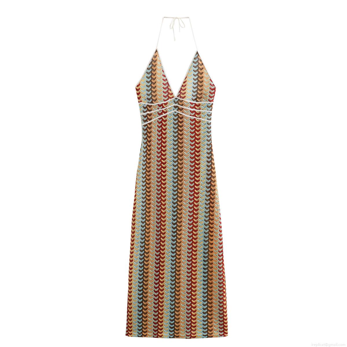 Women's Sexy Halter Neck Crochet Multi Color Wave Pattern Maxi Dress Summer Boho Backless Bodycon Knit Long Dress For Vacation Party