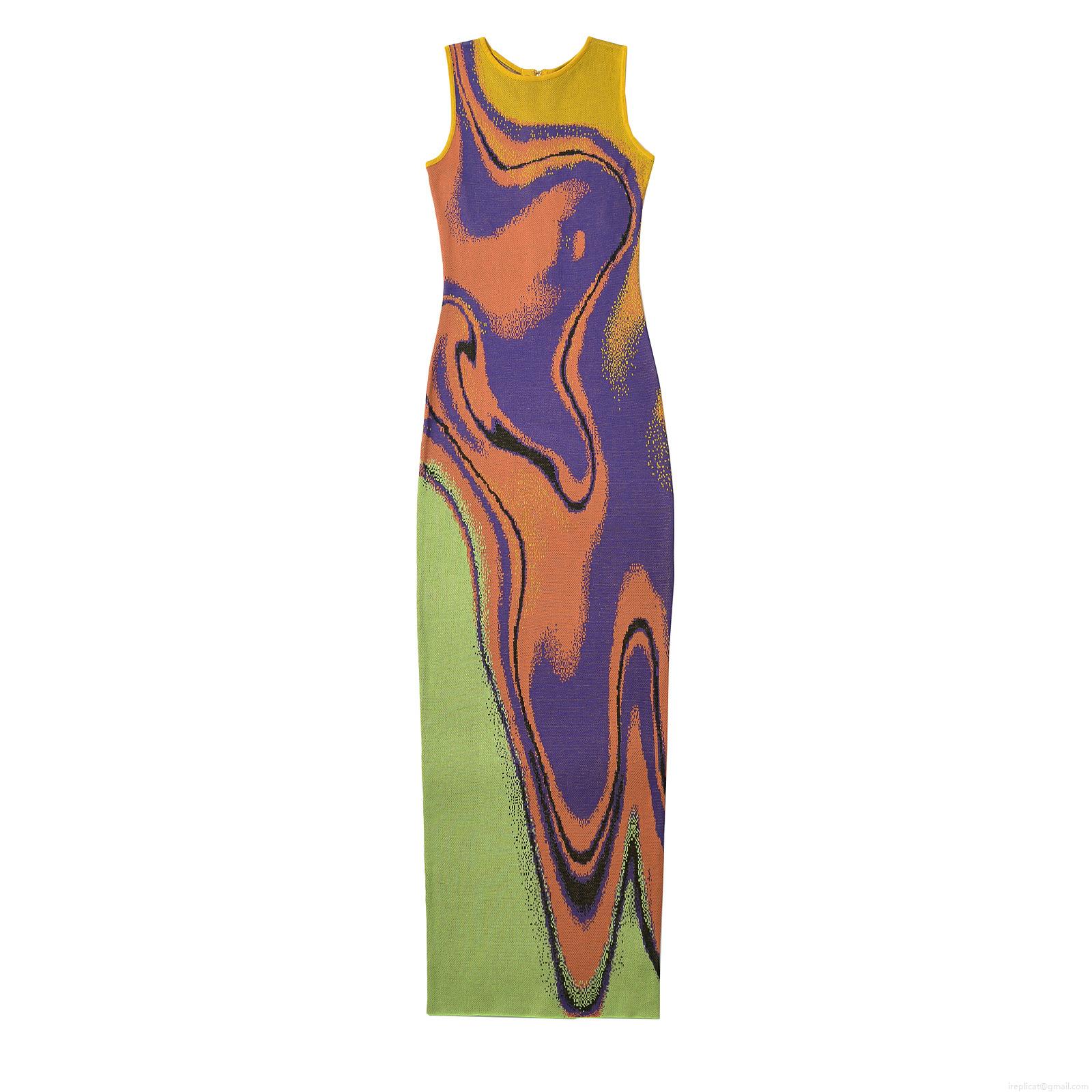 Women's Knitted Abstract Jacquard Sleeveless Bodycon Maxi Dress Polyester Contrast Color Round Neck Sexy Slim Fit Long Dress for Party Vacation