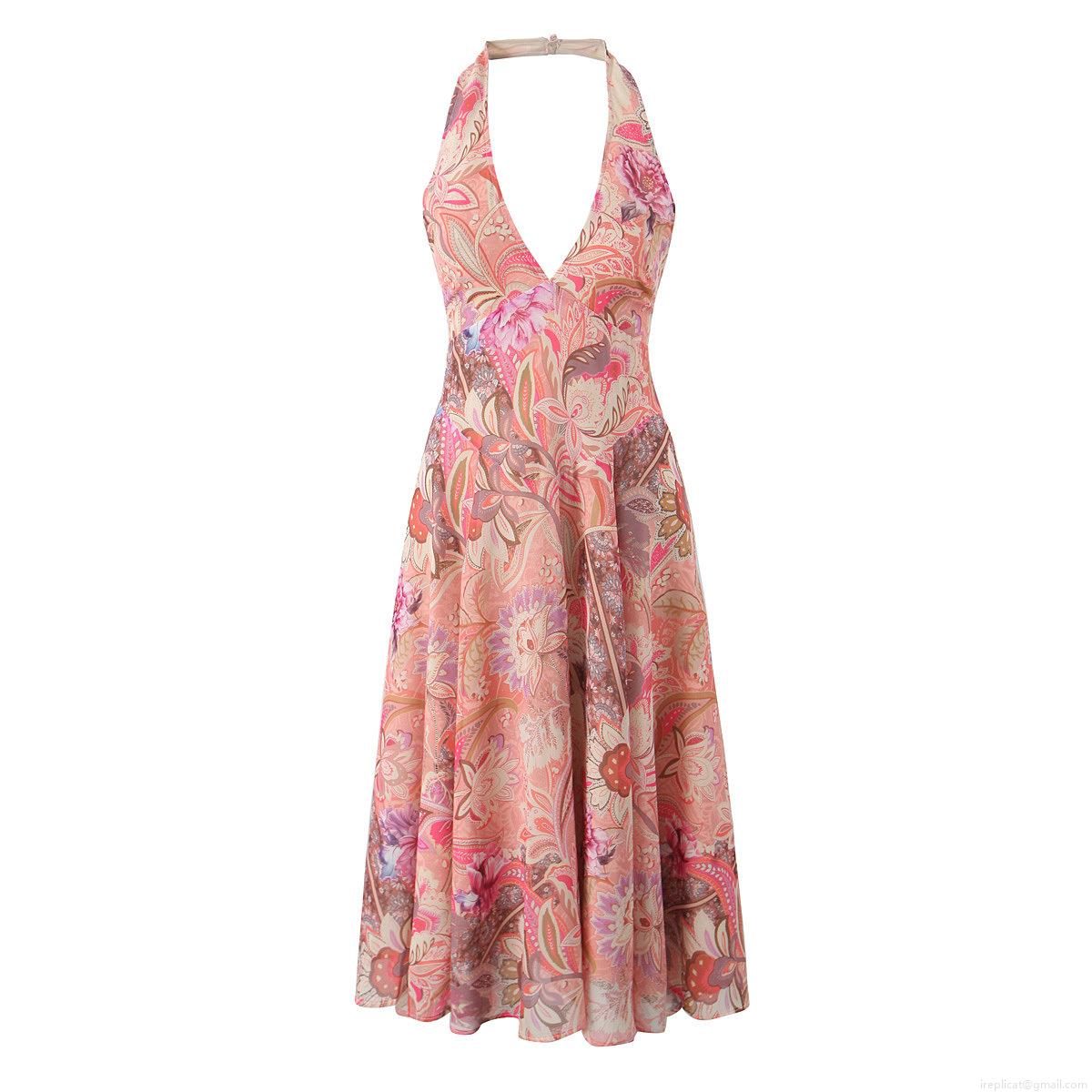Women's Halter Neck Paisley Floral Print Maxi Dress Sexy Deep V-Neck Backless Bohemian Style Sleeveless Vacation Beach Long Dress