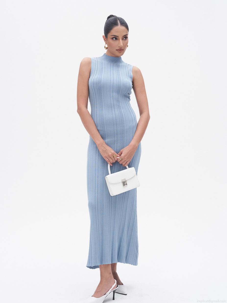 Women's Ribbed Polyester Knit Maxi Dress Mock Neck Sleeveless Slim Fit Solid Color Elegant Casual Work Streetwear Long Dress