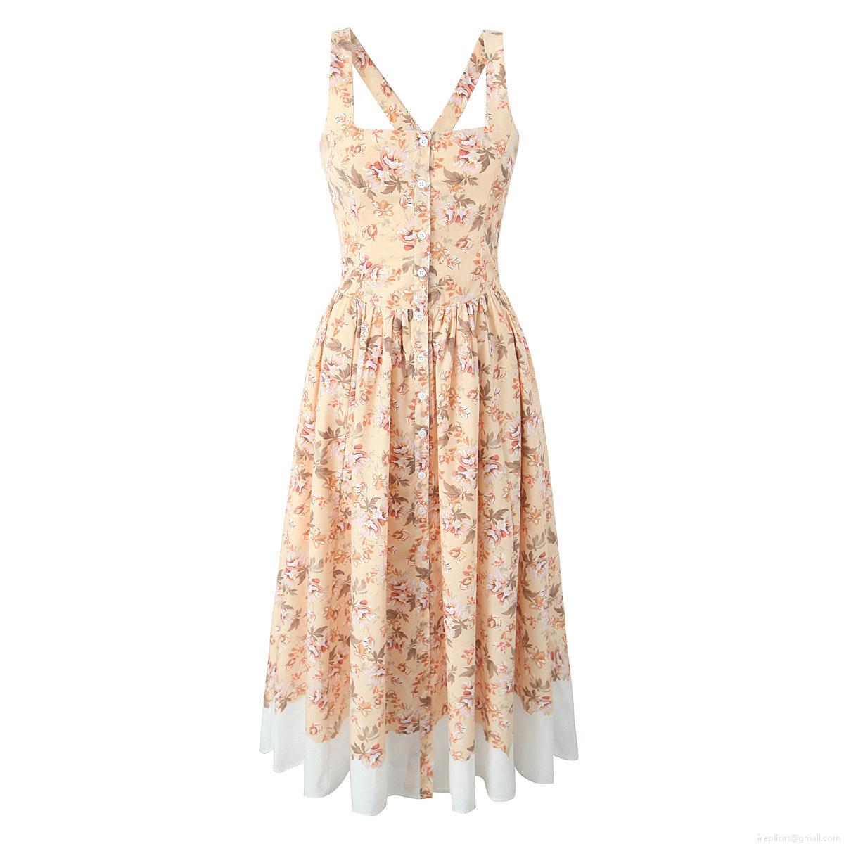 Women's French Floral Print Maxi Dress Square Neck Sleeveless Backless Sling Dress With Buttons Patchwork Hem Summer Vacation Apricot Long Sundress