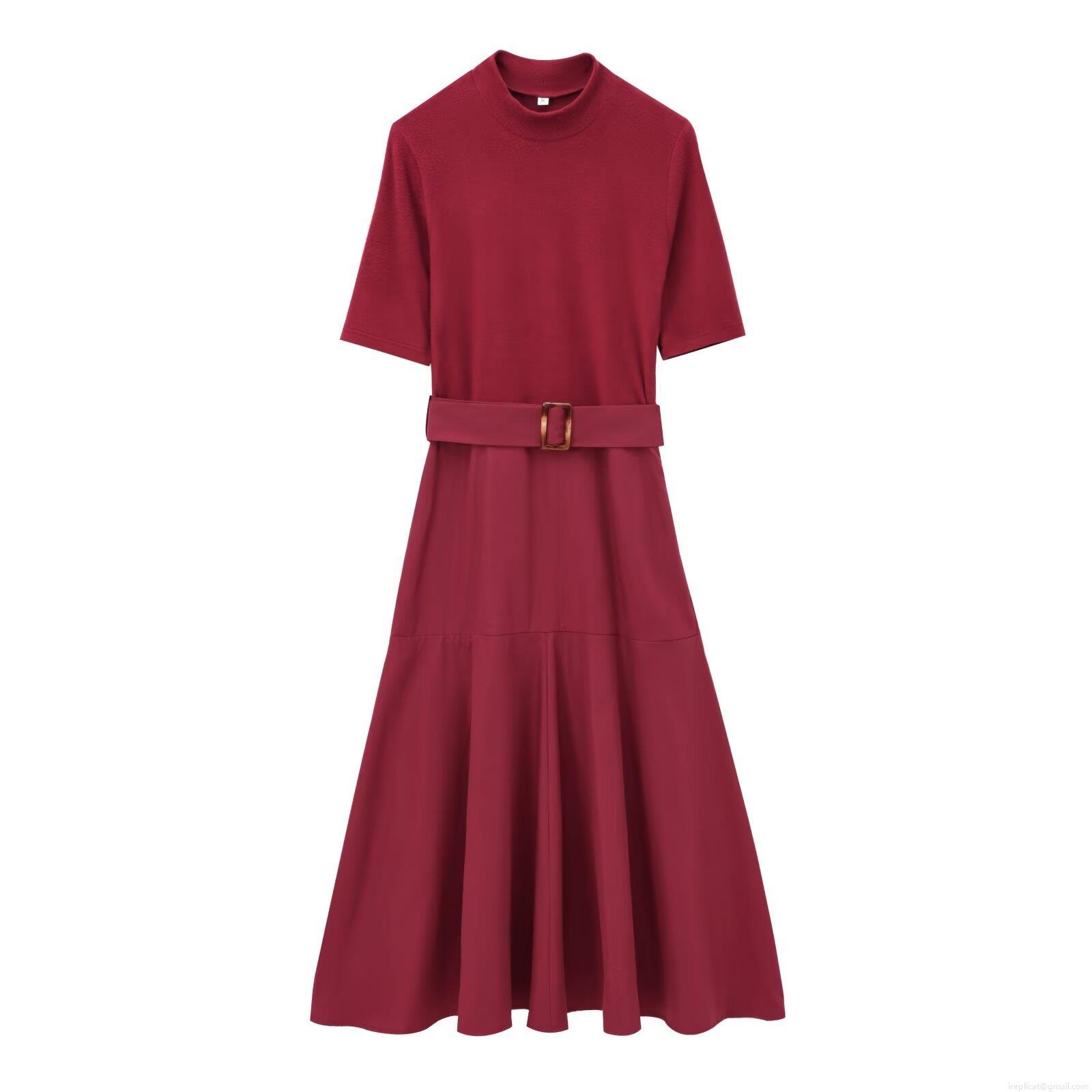 Women's Mock Neck Short Sleeve Maxi Dress With Belt Wine Red Polyester Knit Solid Color A-Line Elegant Casual Streetwear Autumn Fashion Long Dresses
