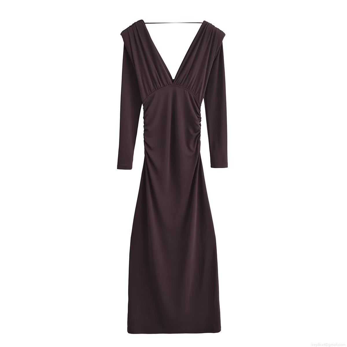 Women European American V Neck Ruched Maxi Dress With Shoulder Pads Long Sleeve Polyester Side Pleated Slim Fit Solid Color Long Dress For Party Daily Dating