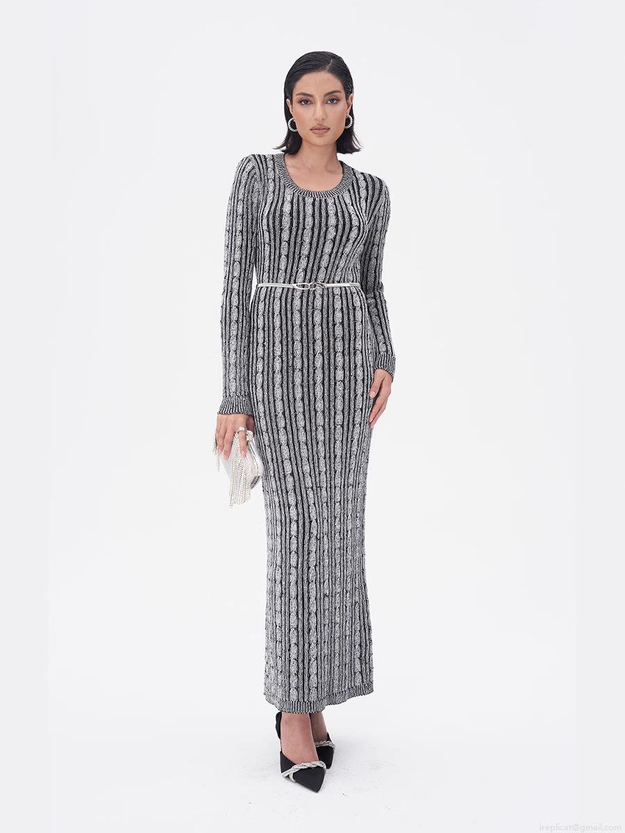 Elegant Women's Cable Knit Sequin Maxi Dress Round Neck Long Sleeve Slim Fit Rayon Nylon Knitwear For Evening Party Streetwear Chic Long Dress