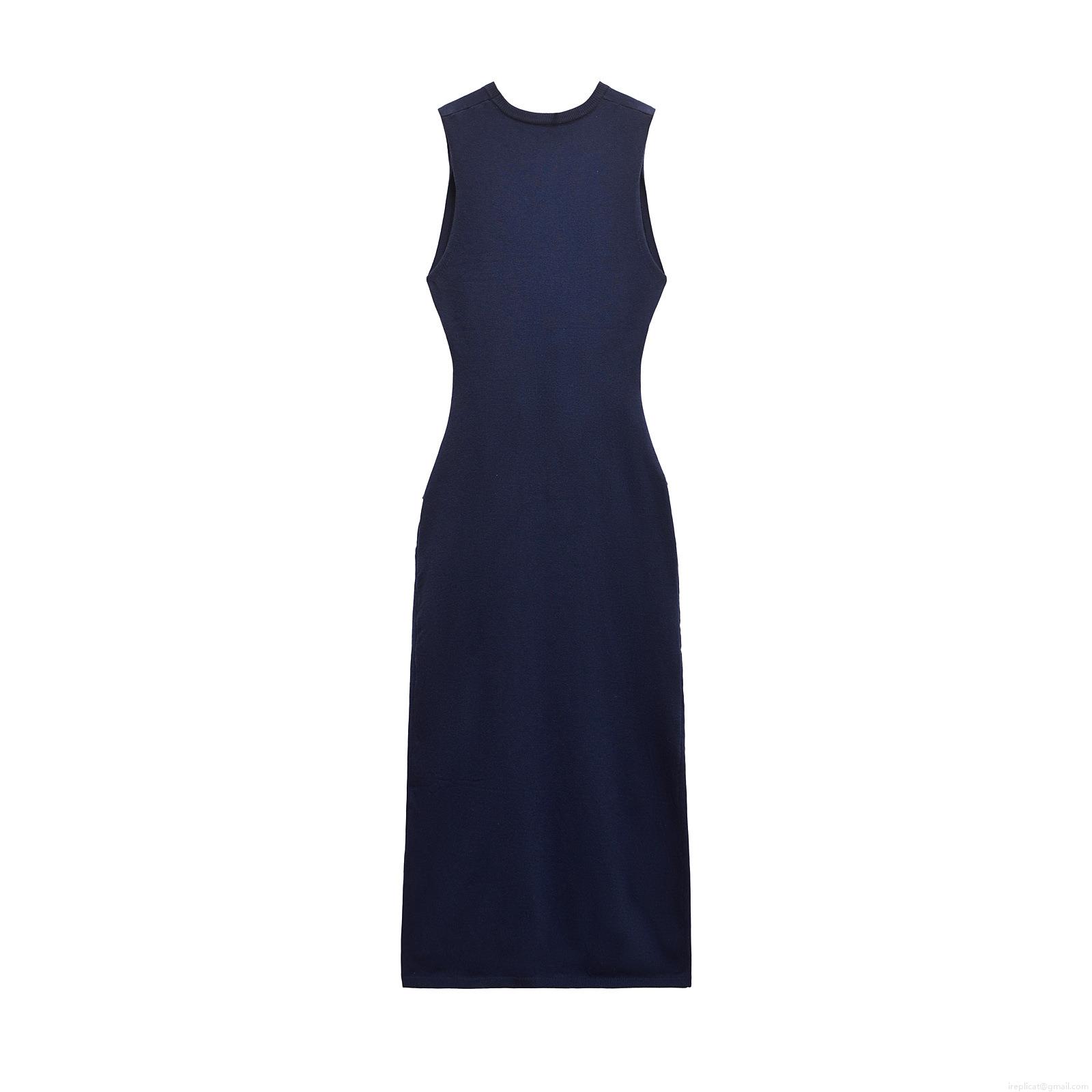 Women's Knitted Maxi Dress Front Cross Twist Detail Sleeveless A-Line Solid Navy Blue Breathable Streetwear Summer Casual Long Gown for Lady Girls