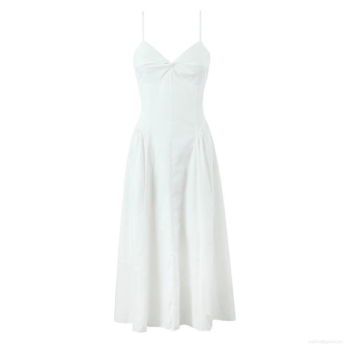 Women Sexy Backless V-Neck Cami Maxi Dress 100% Cotton Hollow Knot Solid White Long Dress Elegant Western Style Summer Beach Party Sleeveless Sundress