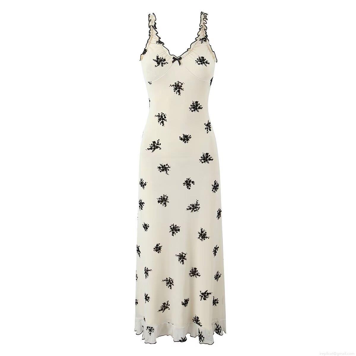 Women's Sexy V-Neck Floral Mesh Maxi Dress European Fashion Bow Ruffle Strap Long Dress For Summer Casual Beach Party Women