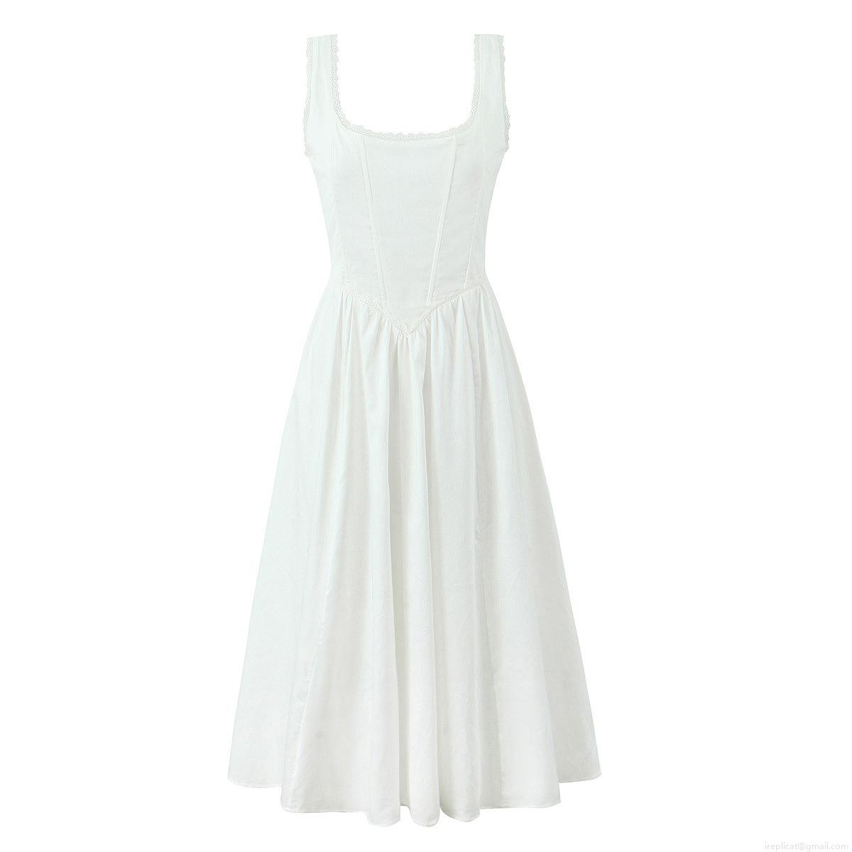 Elegant White Sleeveless Maxi Dress For Women Lace Trim Square Neck Corset Lace-Up Back Polyester Long Sun Dress Party Vacation Dress
