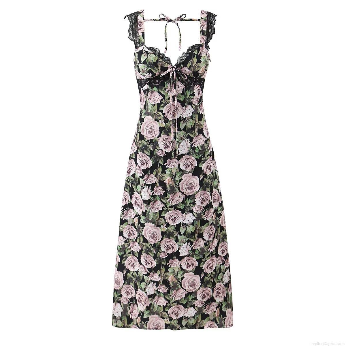 Women's Floral Print Maxi Dress Elegant Lace Trim V Neck Sleeveless Backless Suspender Long Sundress For Summer Vacation Beach Party Ladies Retro Style Polyester Gown