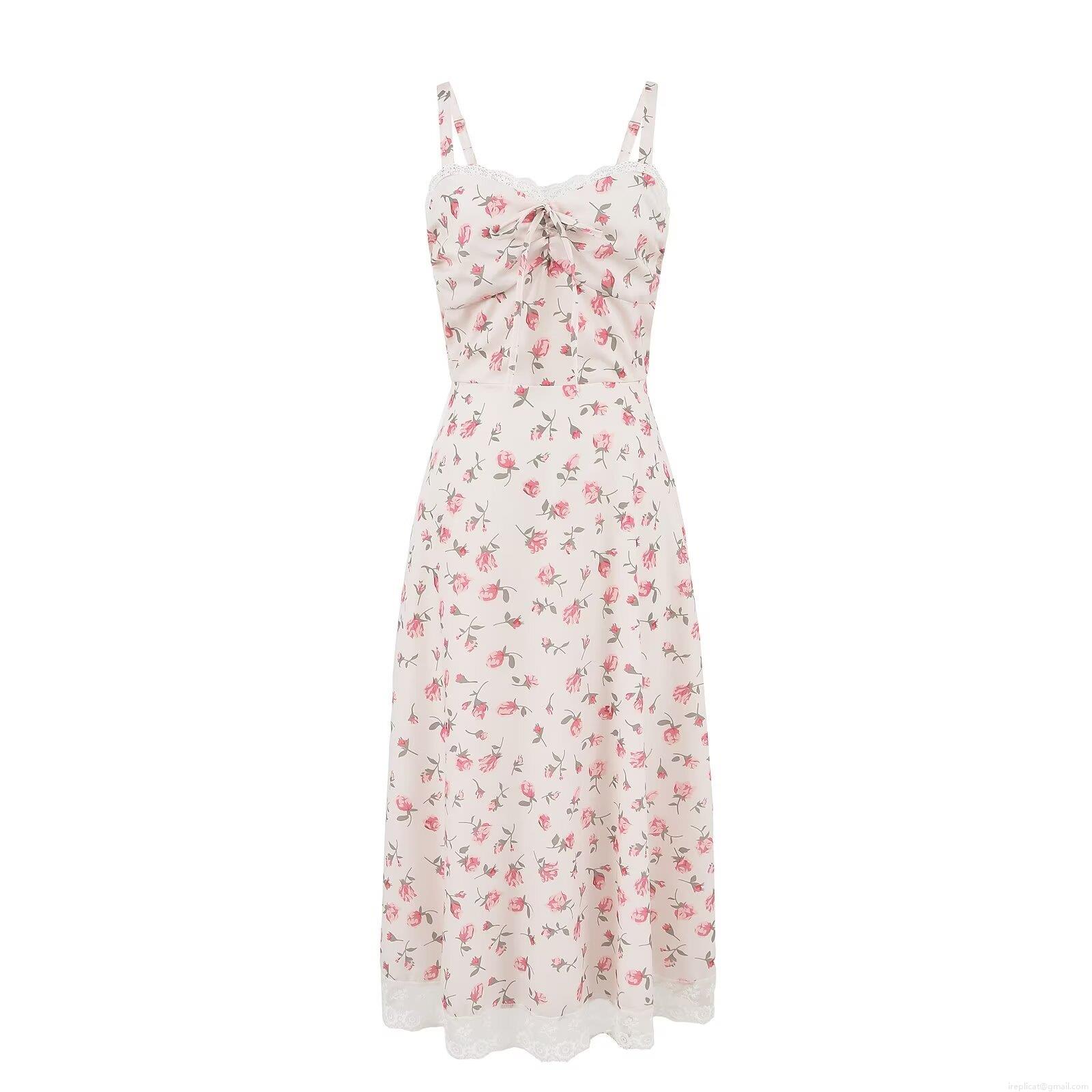 French Style Floral Maxi Dress Lace Splicing Cami Slip Dress For Women Sweet Rose Print Spaghetti Strap Long Dress Elegant Party Vacation Streetwear