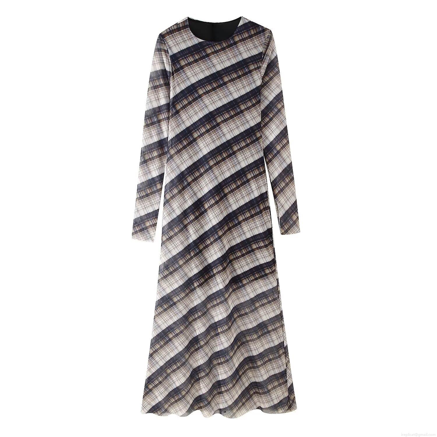 Women's Vintage Mesh Plaid Long Sleeve Maxi Dress Polyester Transparent Patchwork Slim Fit Round Neck Bodycon Long Dress Elegant Streetwear For Women Autumn Spring Style
