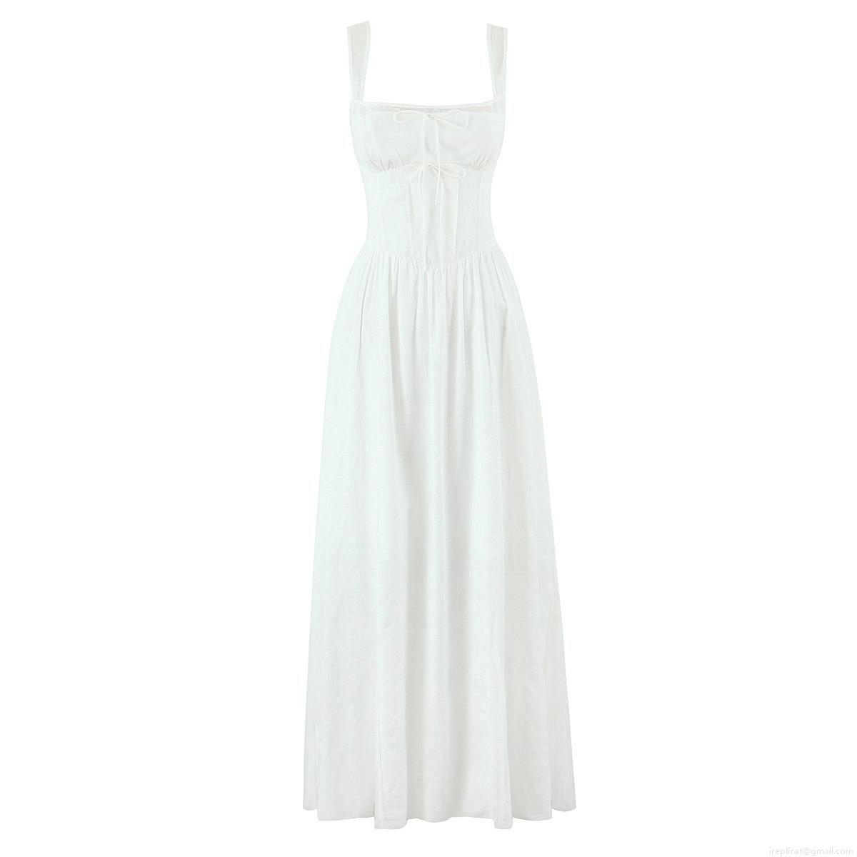 White Lace Spliced Maxi Dress Cotton Blend Smocked Back With Bow Tie Detail Retro Summer Street Style Vacation Dress For Women