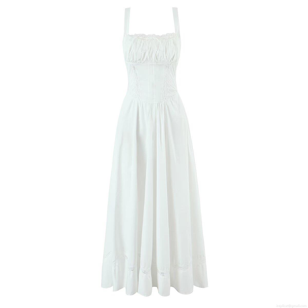 Women White Lace Splicing Camisole Dress Sleeveless Hollow Out Maxi Dress For Summer Vacation Party Slim Fit Elegant Long Dress
