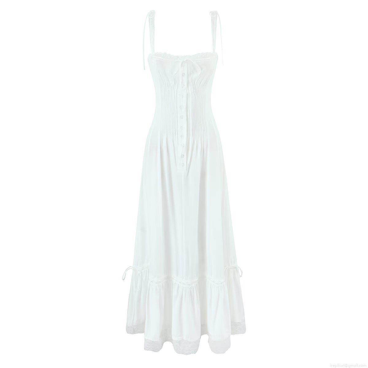 Women's White Lace Patchwork Spaghetti Strap Maxi Dress Elegant Single-Breasted Ruffle Hem Sleeveless Summer Beach Dress Polyester Rayon Blend A-Line Long Gown