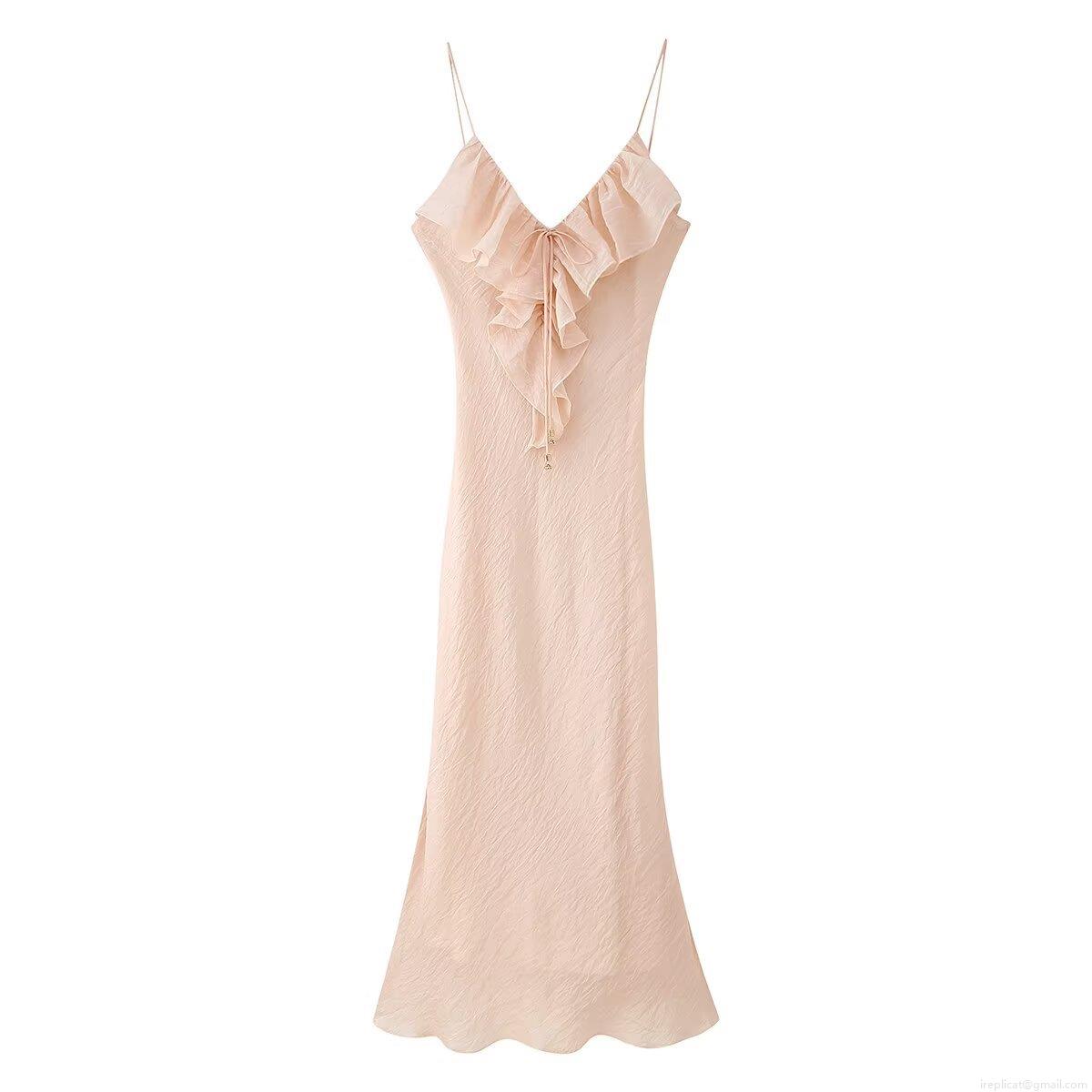 Women's Sexy V-Neck Tiered Ruffle Cami Maxi Dress Elegant Sleeveless Solid Color Satin-Like Pullover Long Dress For Summer Party Dating Vacation