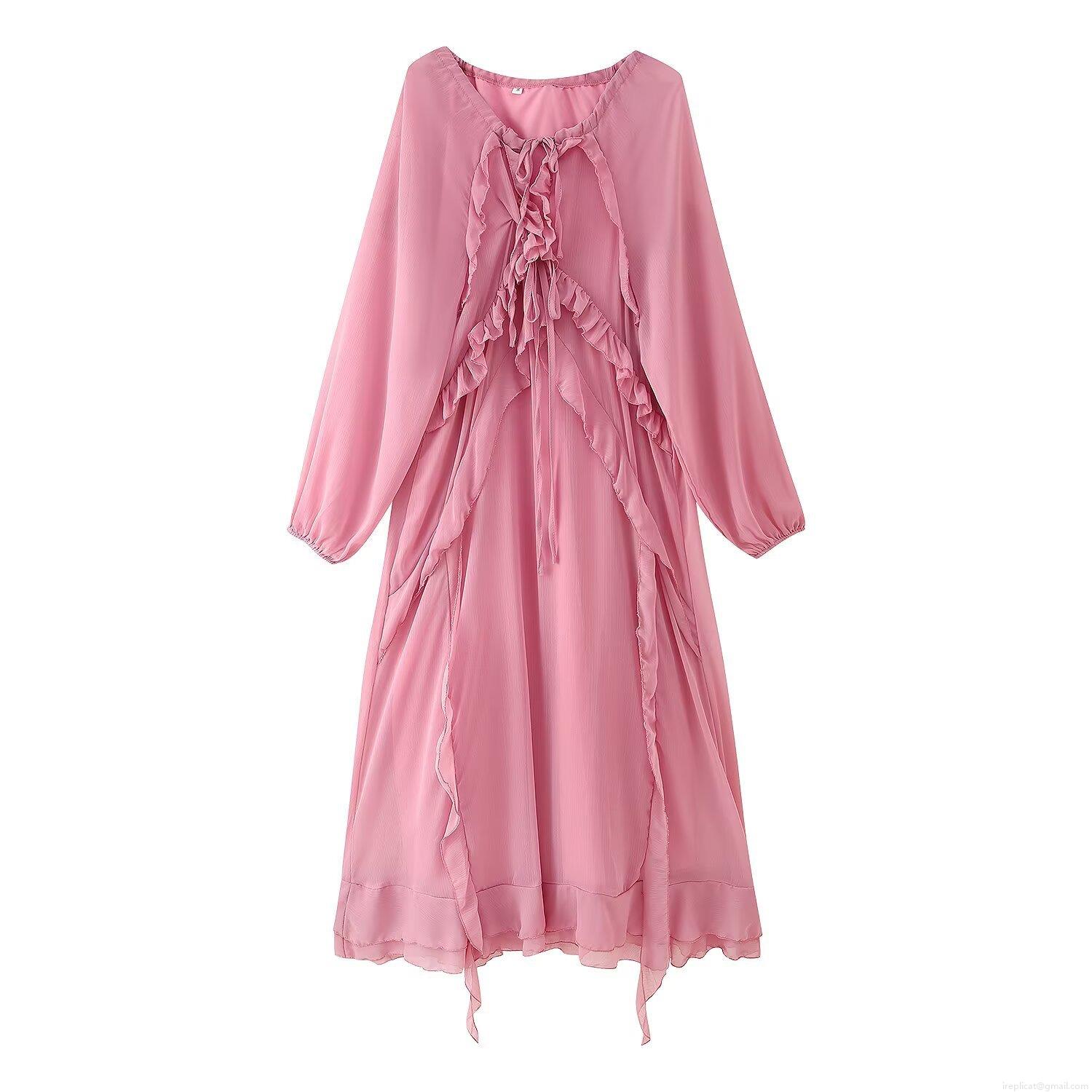 Women's Elegant V-Neck Ruffle Maxi Dress Long Lantern Sleeve Tie Front Irregular Hem Polyester Chiffon Dress For Spring Summer Daily Party Streetwear
