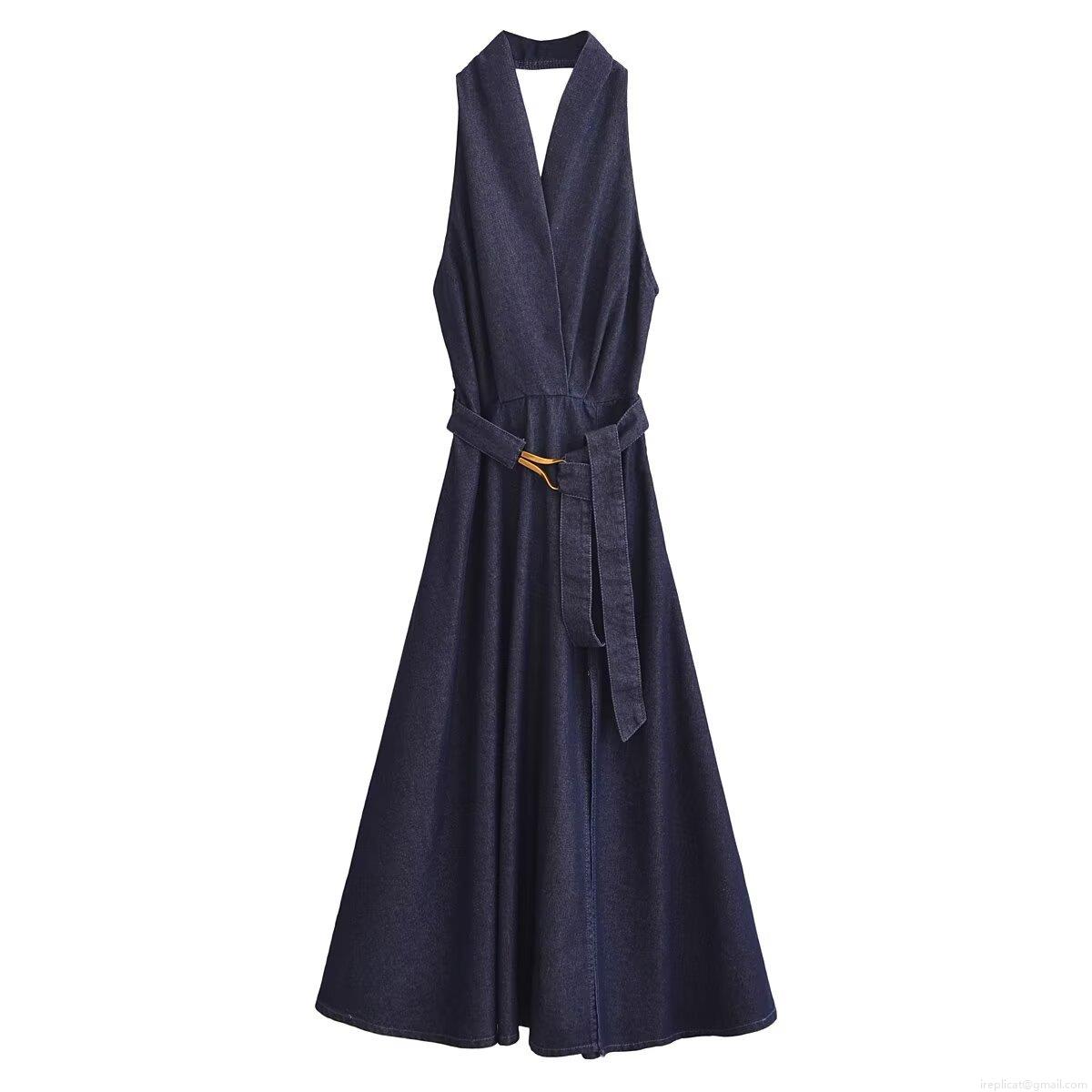 Women Halter Neck Denim Maxi Dress Sexy Backless V Neck Sleeveless A Line Long Dress With Belt For Summer Streetwear Fashion Party