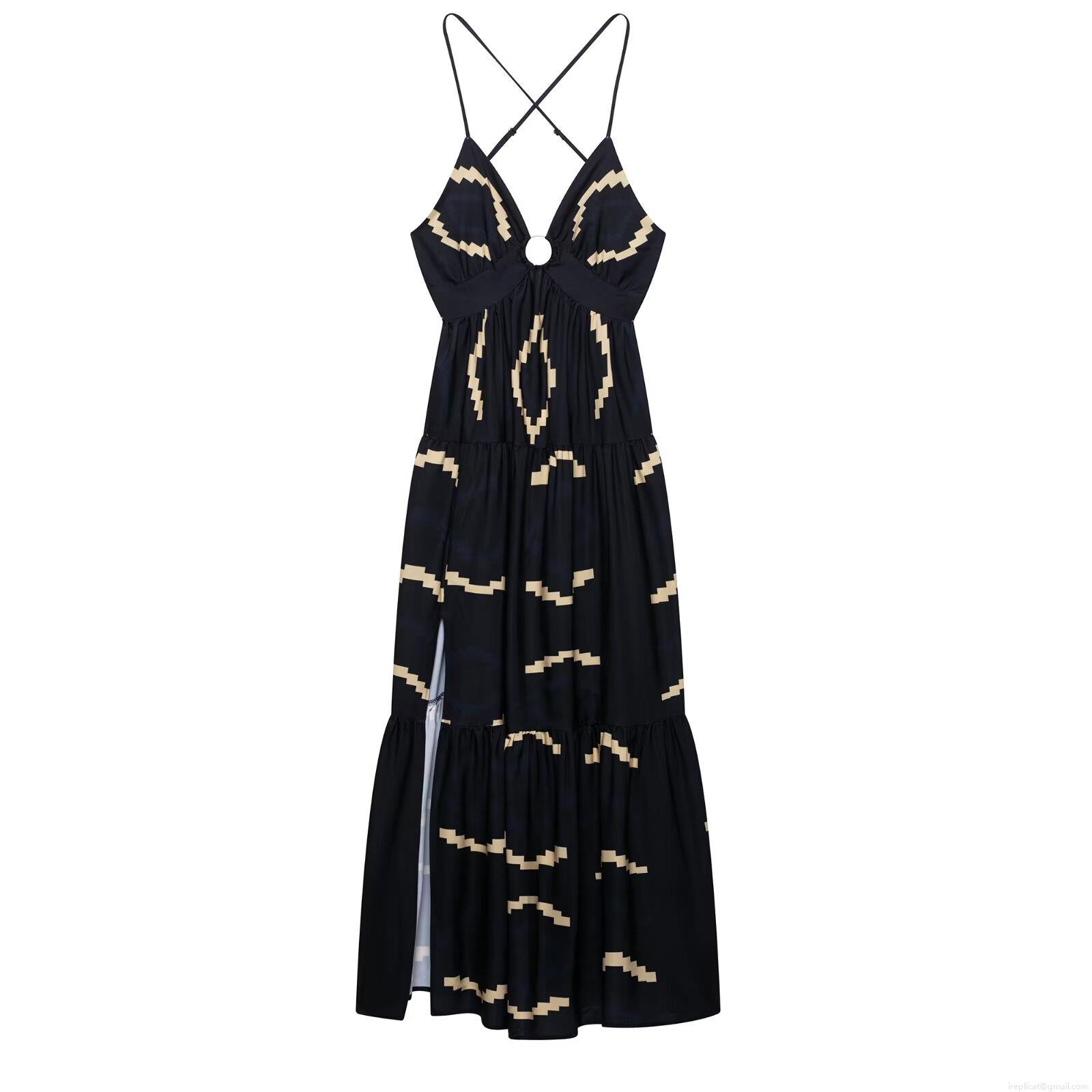 Women Halter Backless Slit Maxi Dress Sexy V-Neck Geometric Stepped Print Polyester Sleeveless Long Dress For Summer Party Streetwear Clubwear