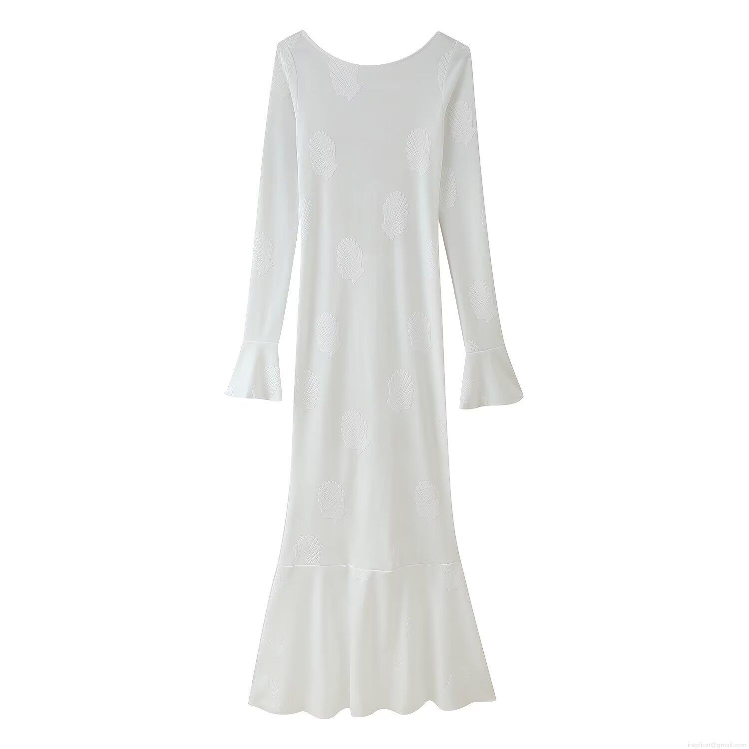 Women Sexy Hollow Out Backless Maxi Dress Bell Sleeve Fish Tail Hem Polyester Shell Textured Evening Party Dress Summer Street Style Long Dress For Women